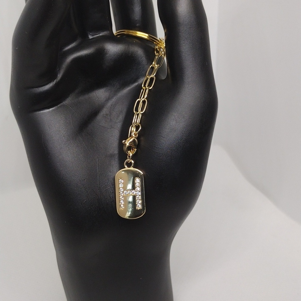 Gold Rhinestone Initial H Keychain Bag Charm Monogram - Picture 2 of 4